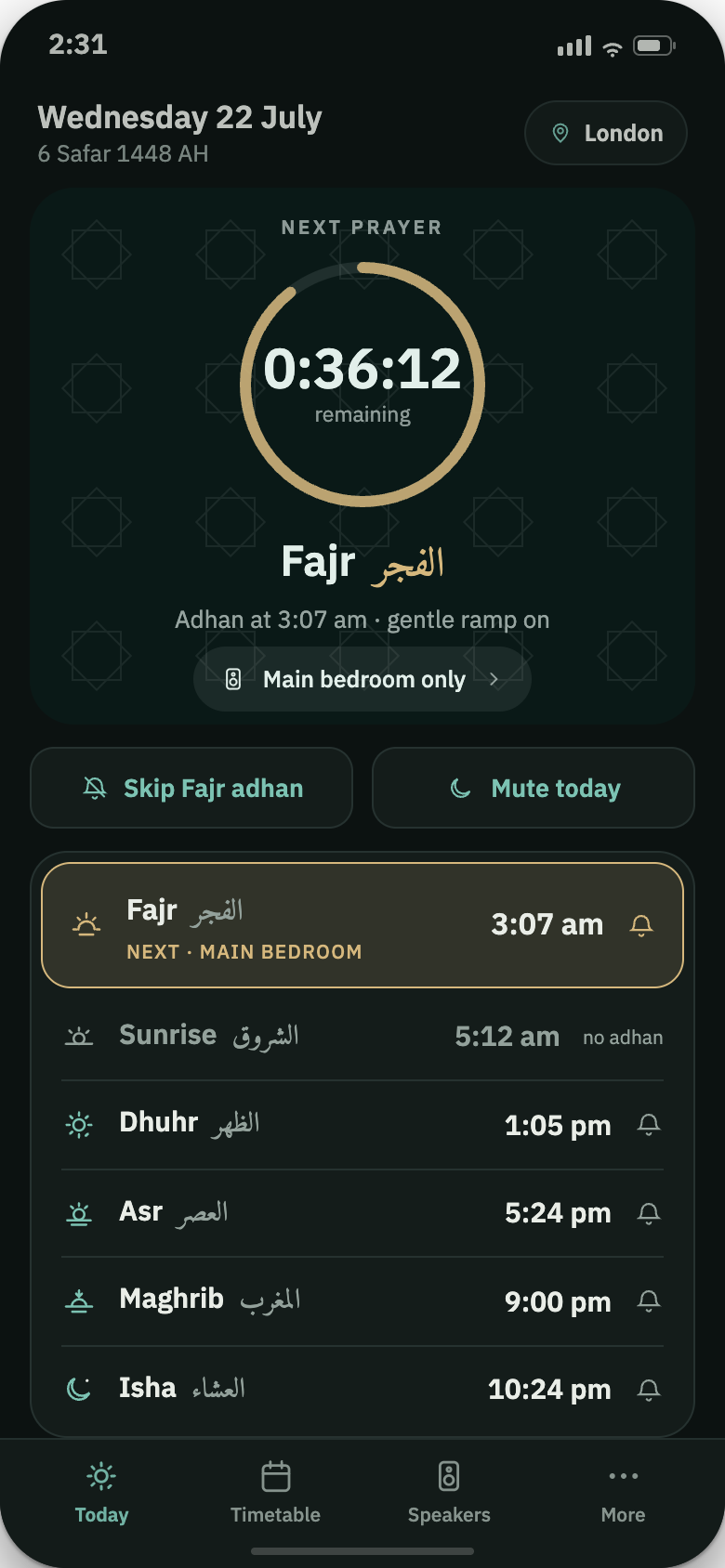 Midhana Today screen at night: 36 minutes to Fajr, adhan set for the main bedroom